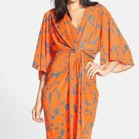 Anthropolgie S Orange Tropical Femme Print Maxi Long Wrap Flutter Kimono Dress - Picture 4 of 16